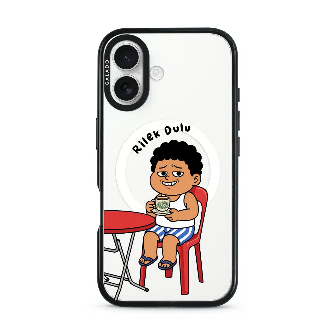 Kopi Dulu Bro phone case, Uncle Boi drinking kopi on a red kopitiam chair under the words Rilek Dulu