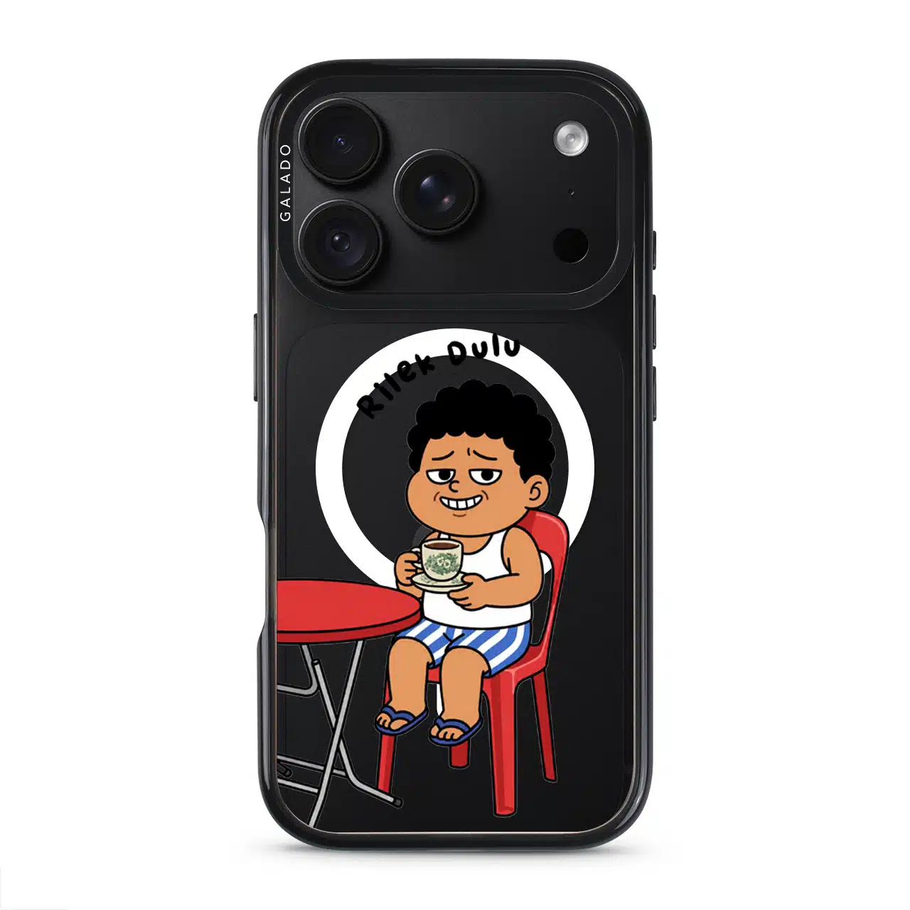 Kopi Dulu Bro phone case, Uncle Boi drinking kopi on a red kopitiam chair under the words Rilek Dulu