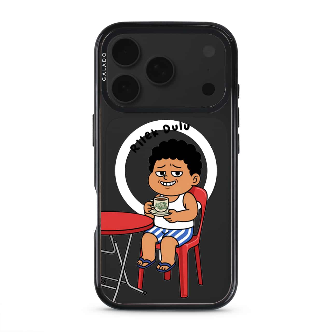 Kopi Dulu Bro phone case, Uncle Boi drinking kopi on a red kopitiam chair under the words Rilek Dulu