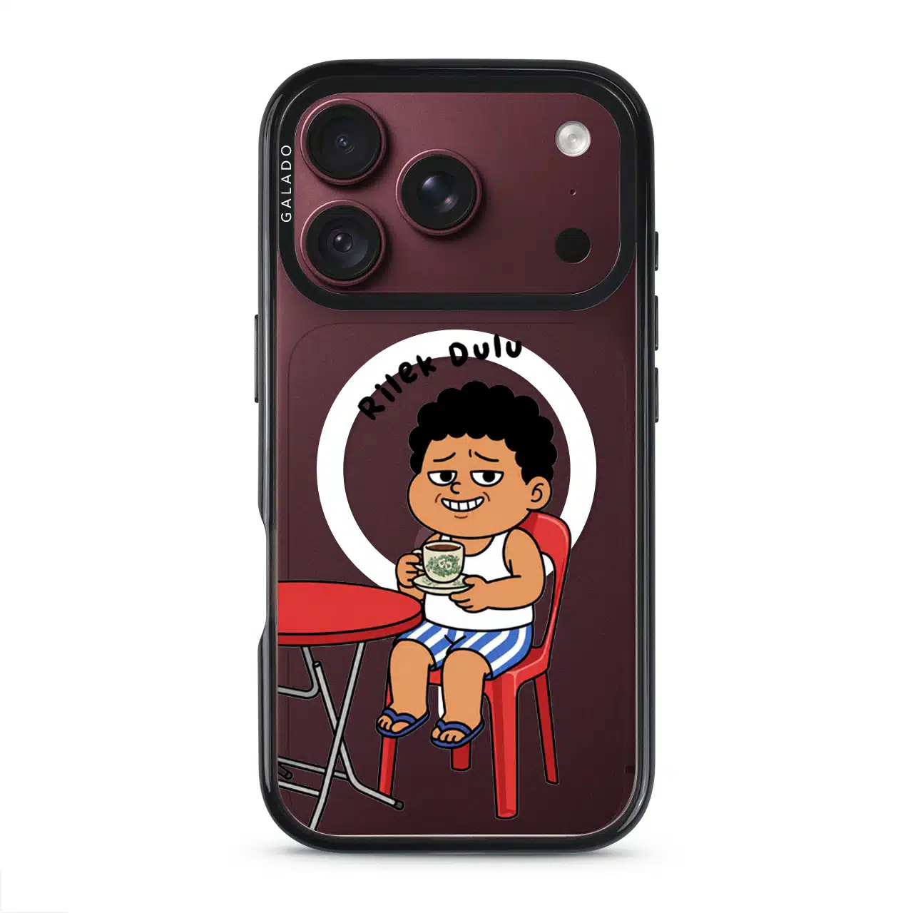 Kopi Dulu Bro phone case, Uncle Boi drinking kopi on a red kopitiam chair under the words Rilek Dulu