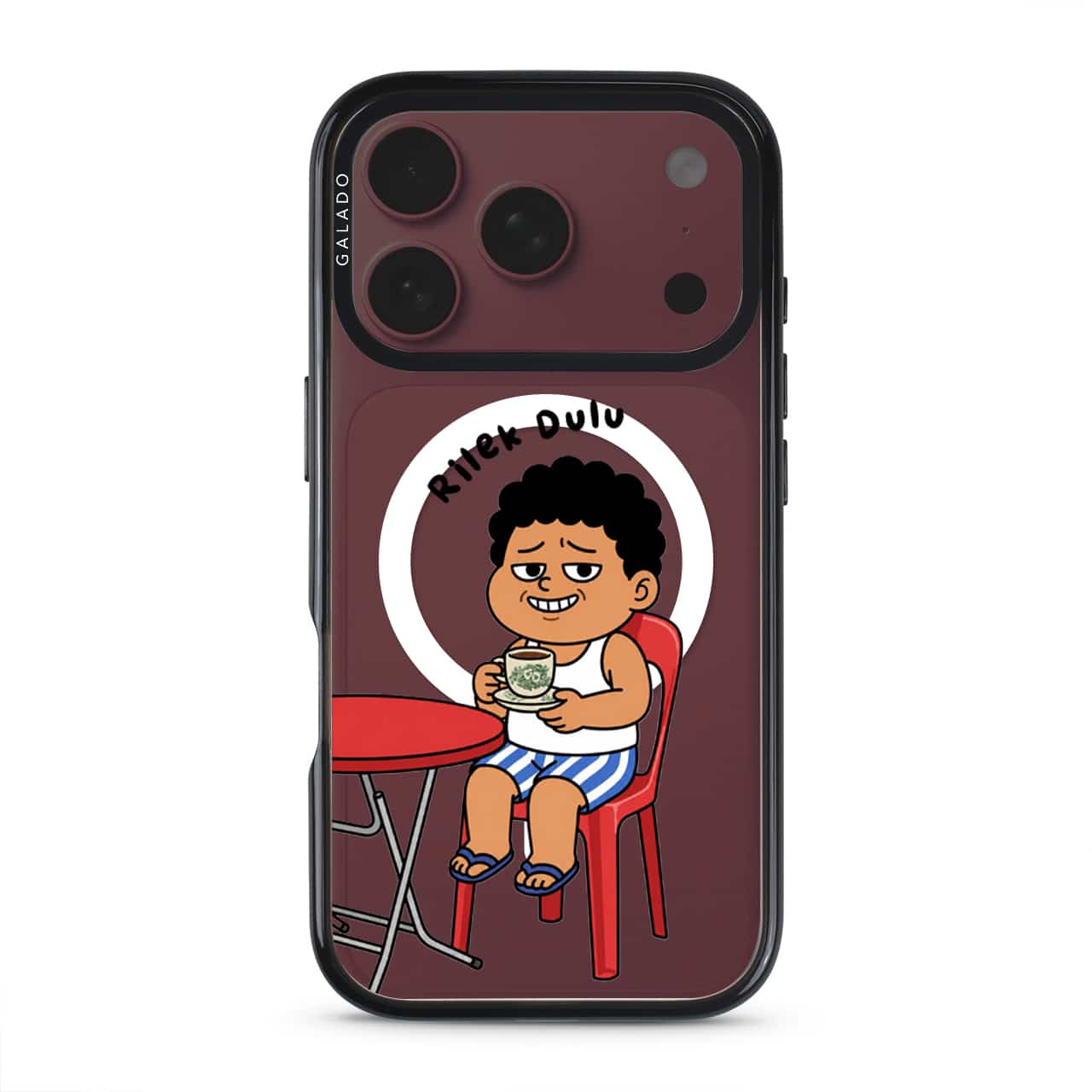 Kopi Dulu Bro phone case, Uncle Boi drinking kopi on a red kopitiam chair under the words Rilek Dulu