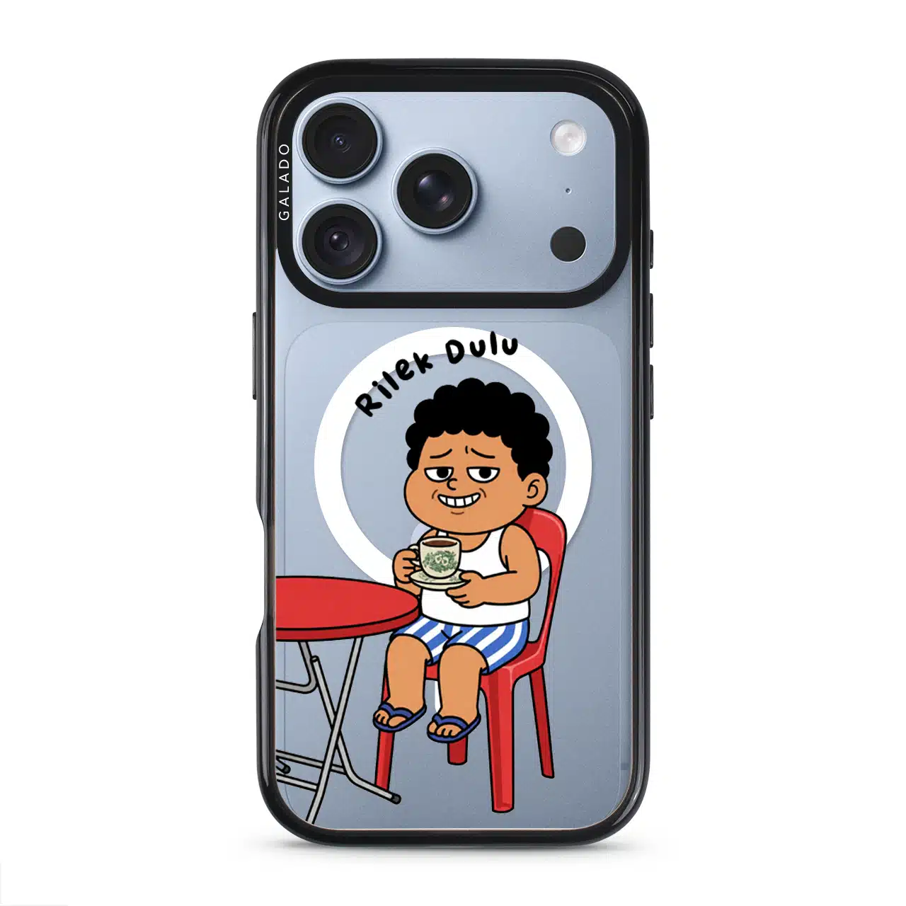 Kopi Dulu Bro phone case, Uncle Boi drinking kopi on a red kopitiam chair under the words Rilek Dulu