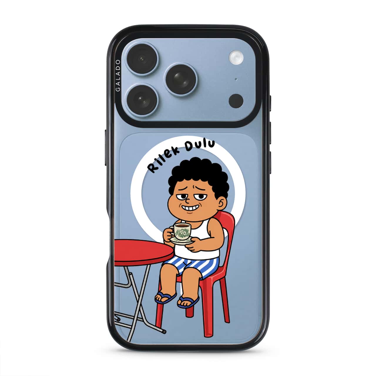 Kopi Dulu Bro phone case, Uncle Boi drinking kopi on a red kopitiam chair under the words Rilek Dulu