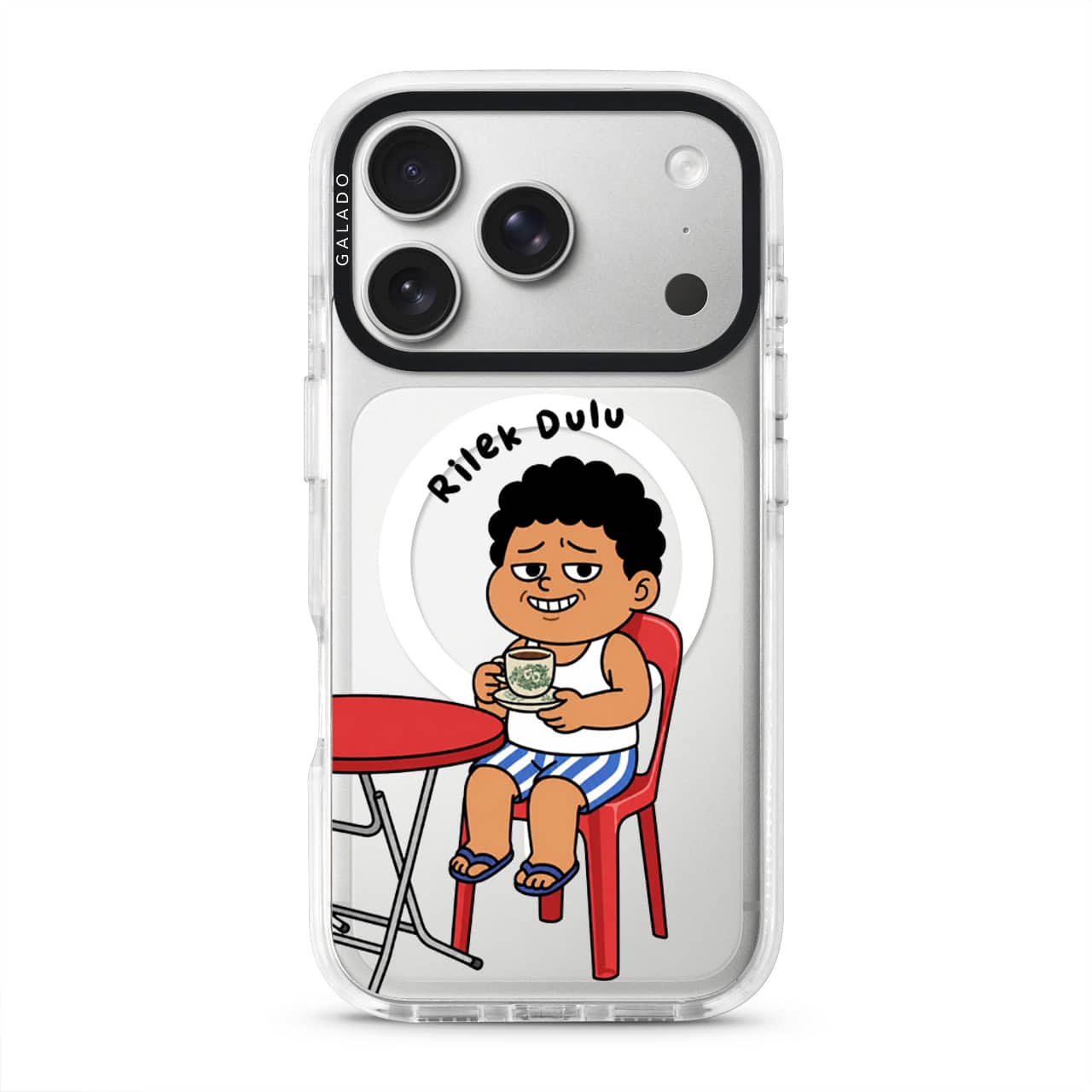 Kopi Dulu Bro phone case, Uncle Boi drinking kopi on a red kopitiam chair under the words Rilek Dulu