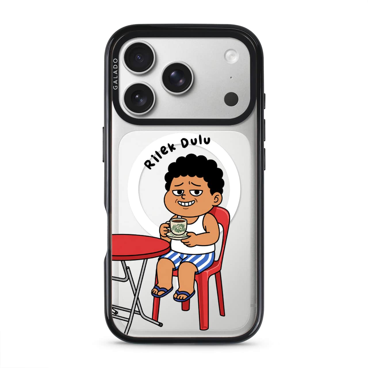Kopi Dulu Bro phone case, Uncle Boi drinking kopi on a red kopitiam chair under the words Rilek Dulu