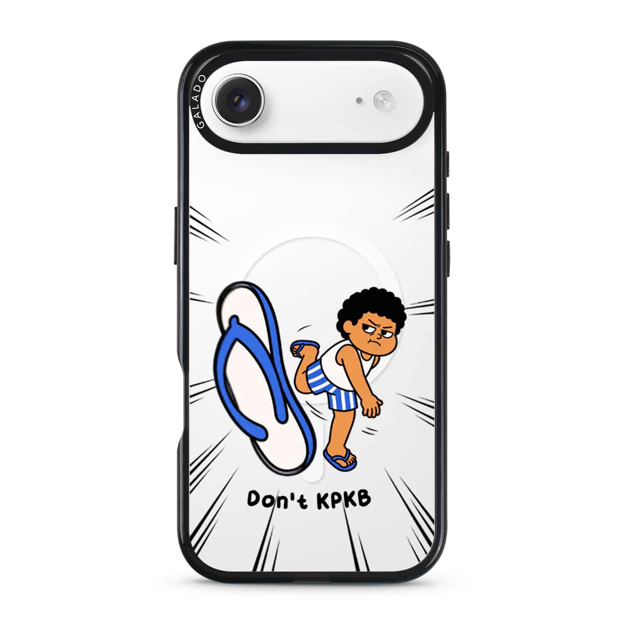 Selipar Incoming phone case, Uncle Boi kicking a flying blue selipar above the words Don't KPKB