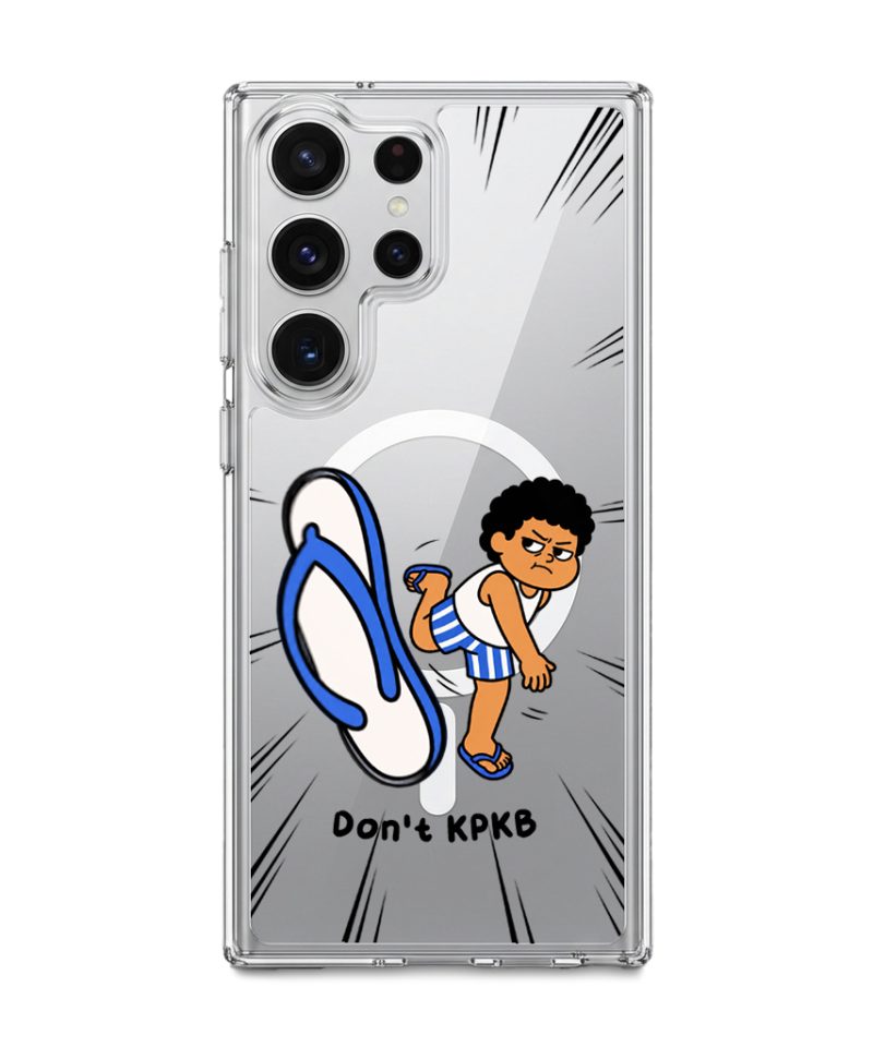 Selipar Incoming phone case, Uncle Boi kicking a flying blue selipar above the words Don't KPKB