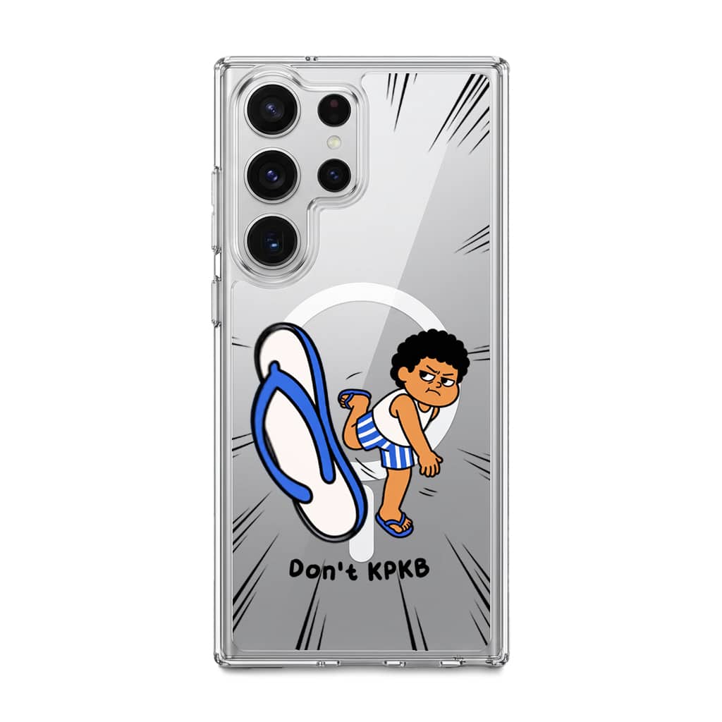 Selipar Incoming phone case, Uncle Boi kicking a flying blue selipar above the words Don't KPKB