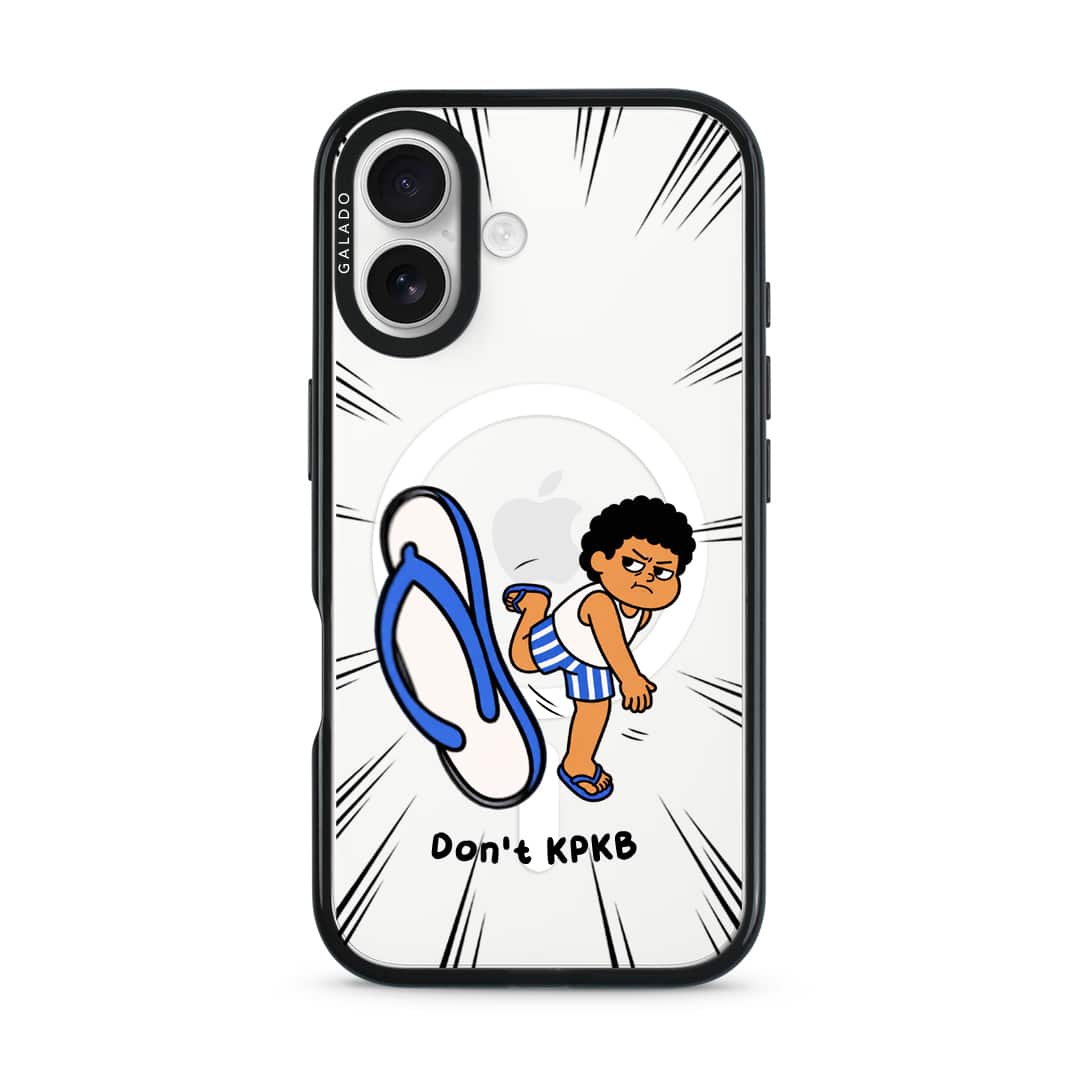 Selipar Incoming phone case, Uncle Boi kicking a flying blue selipar above the words Don't KPKB