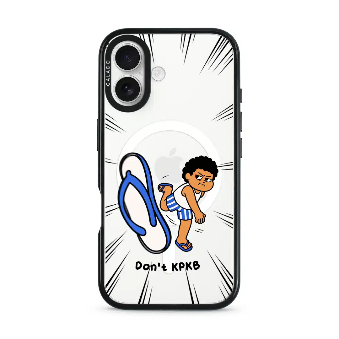 Selipar Incoming phone case, Uncle Boi kicking a flying blue selipar above the words Don't KPKB