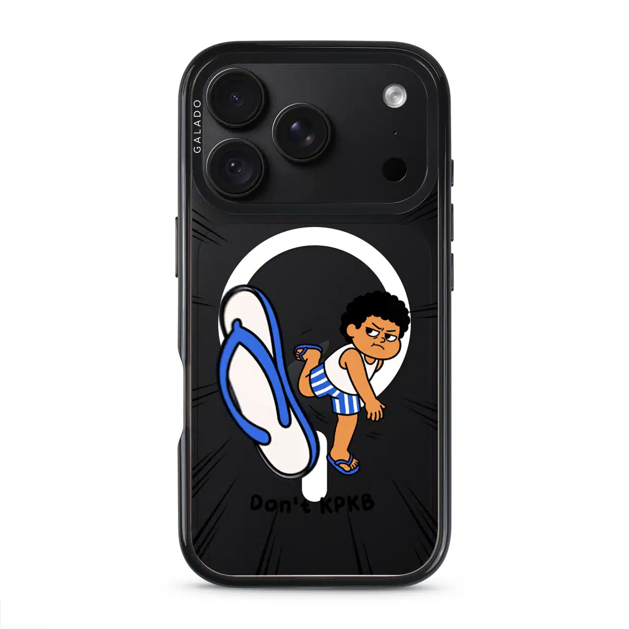 Selipar Incoming phone case, Uncle Boi kicking a flying blue selipar above the words Don't KPKB