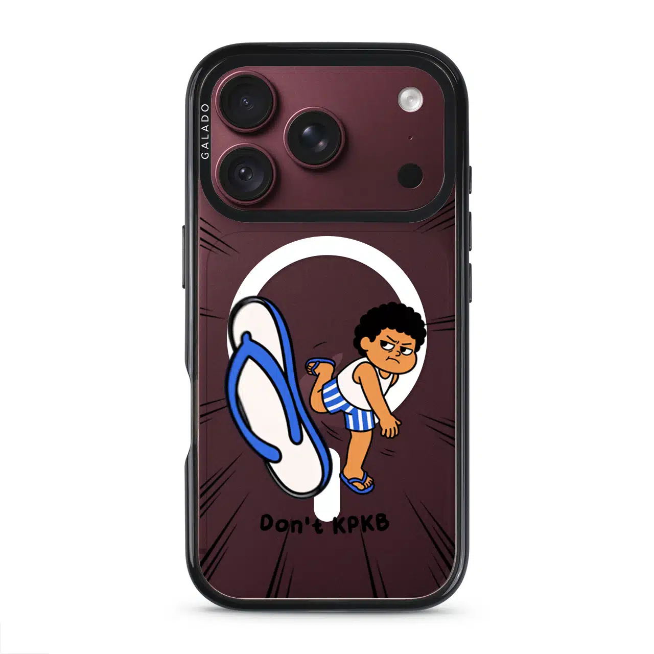Selipar Incoming phone case, Uncle Boi kicking a flying blue selipar above the words Don't KPKB