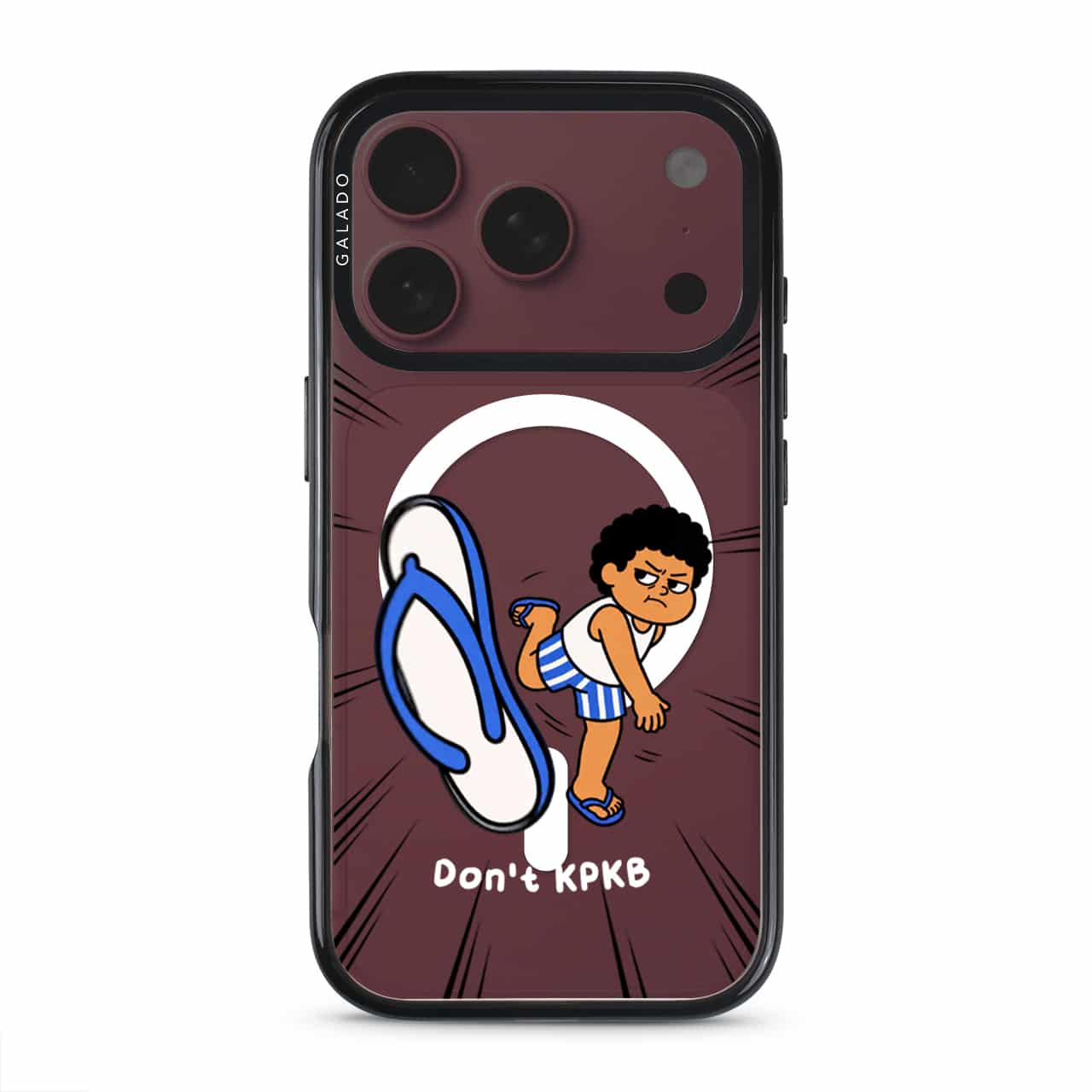 Selipar Incoming phone case, Uncle Boi kicking a flying blue selipar above the words Don't KPKB