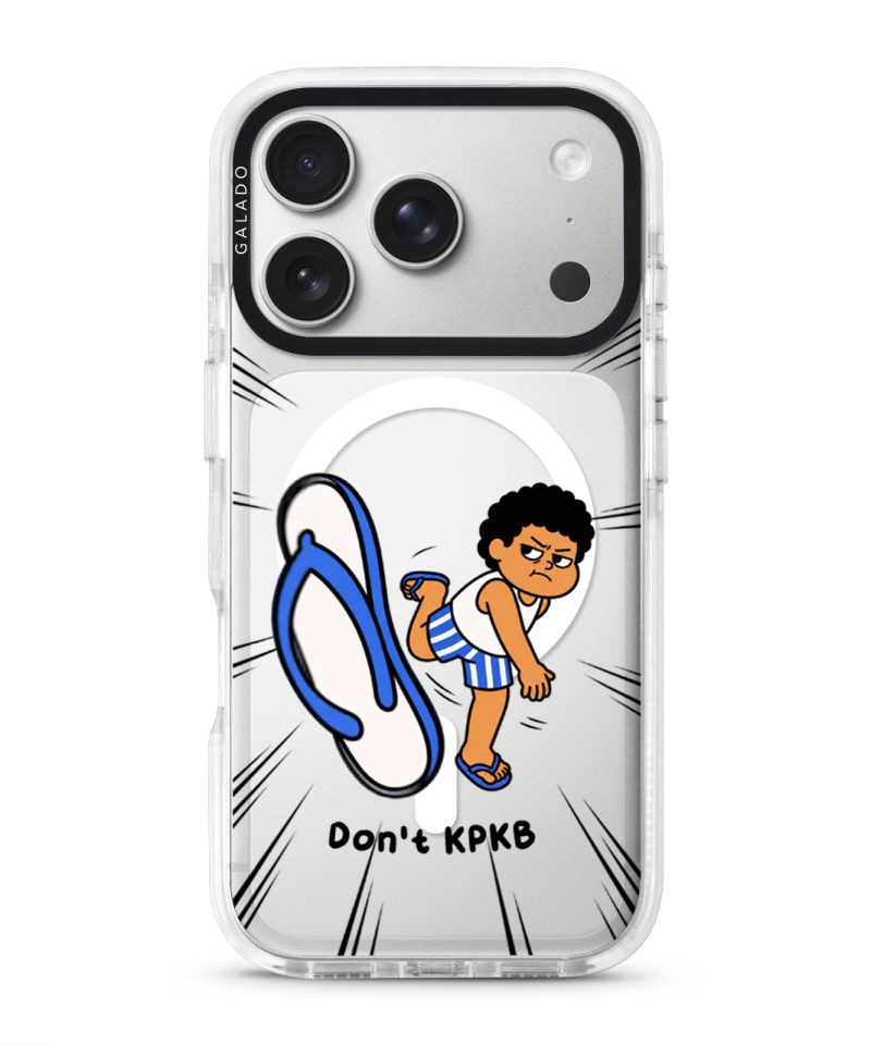 Selipar Incoming phone case, Uncle Boi kicking a flying blue selipar above the words Don't KPKB