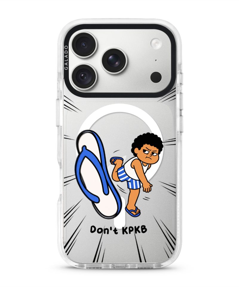 Selipar Incoming phone case, Uncle Boi kicking a flying blue selipar above the words Don't KPKB