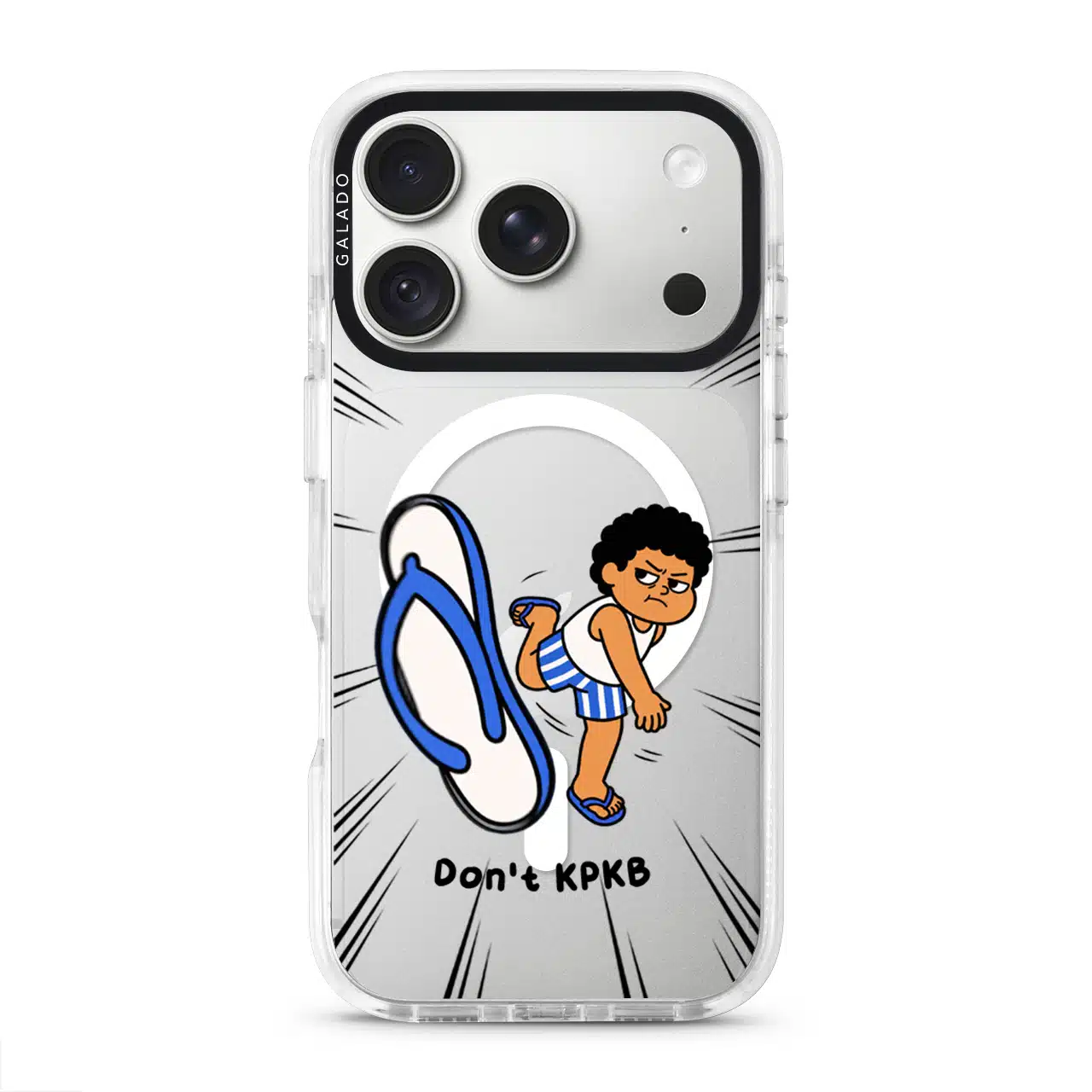 Selipar Incoming phone case, Uncle Boi kicking a flying blue selipar above the words Don't KPKB