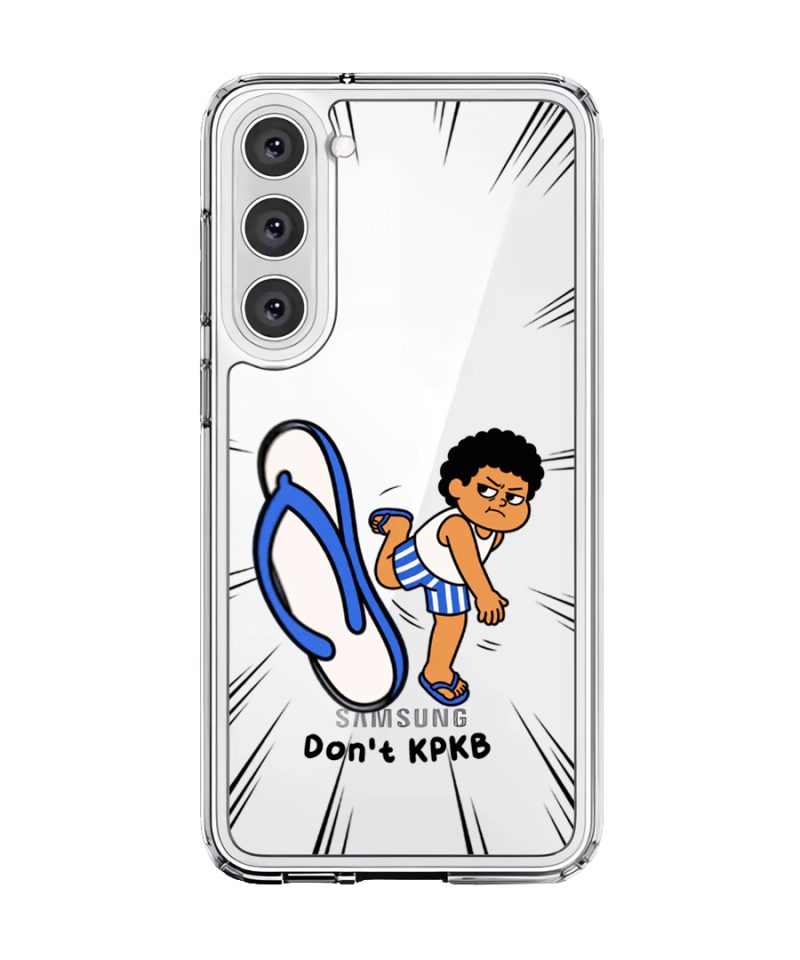 Selipar Incoming phone case, Uncle Boi kicking a flying blue selipar above the words Don't KPKB