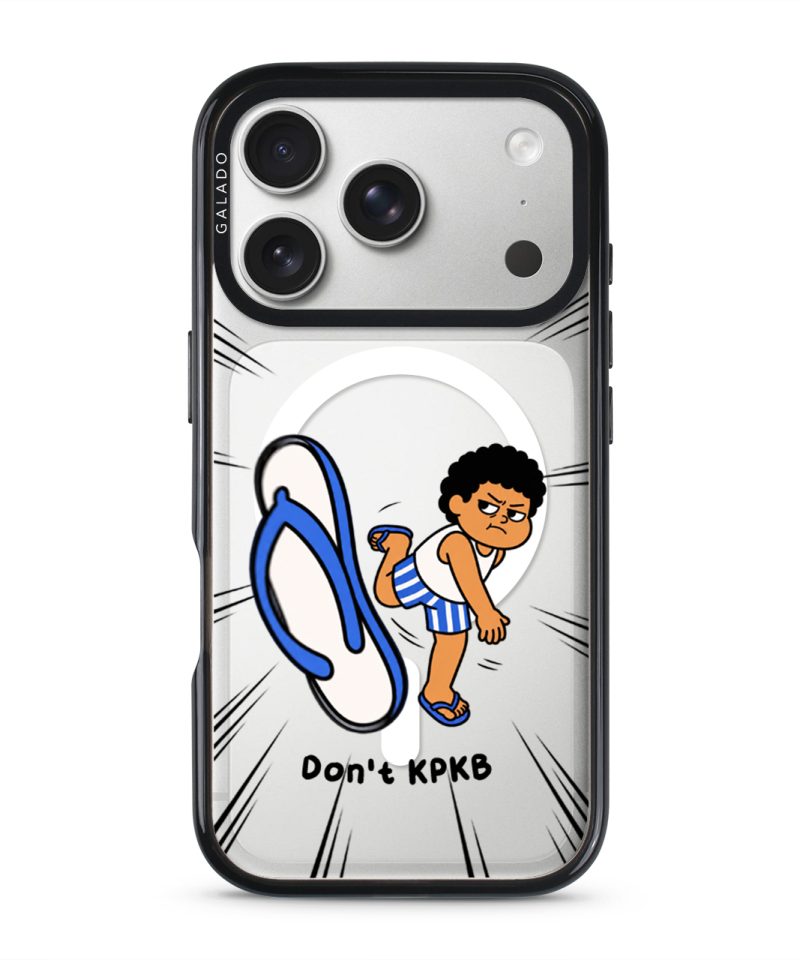 Selipar Incoming phone case, Uncle Boi kicking a flying blue selipar above the words Don't KPKB