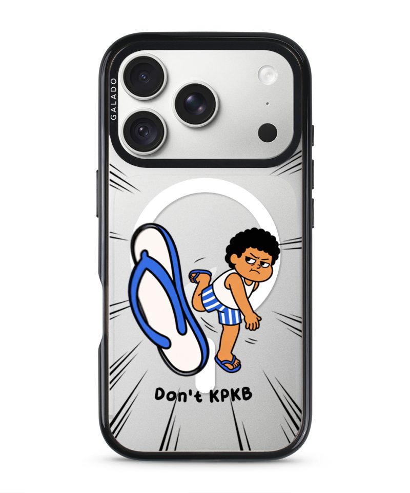 Selipar Incoming phone case, Uncle Boi kicking a flying blue selipar above the words Don't KPKB