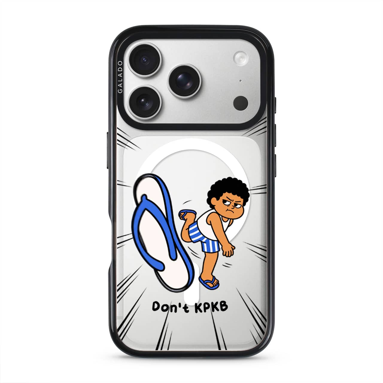 Selipar Incoming phone case, Uncle Boi kicking a flying blue selipar above the words Don't KPKB
