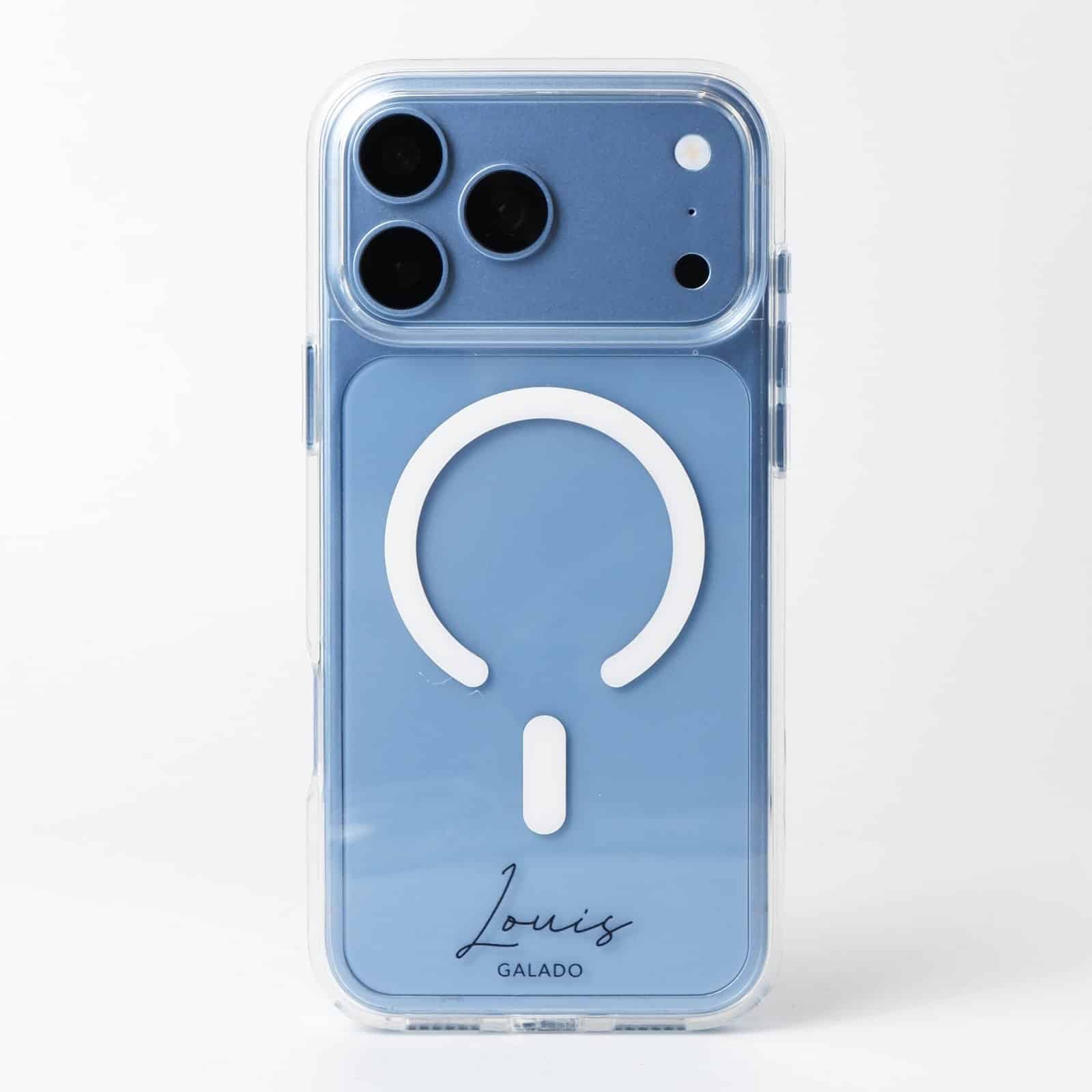 GALADO Clear Guard custom name case on a blue iPhone 18 Pro