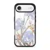 Iris phone case by Farah Latifi Studio, lilac irises and small orange flowers on a clear case