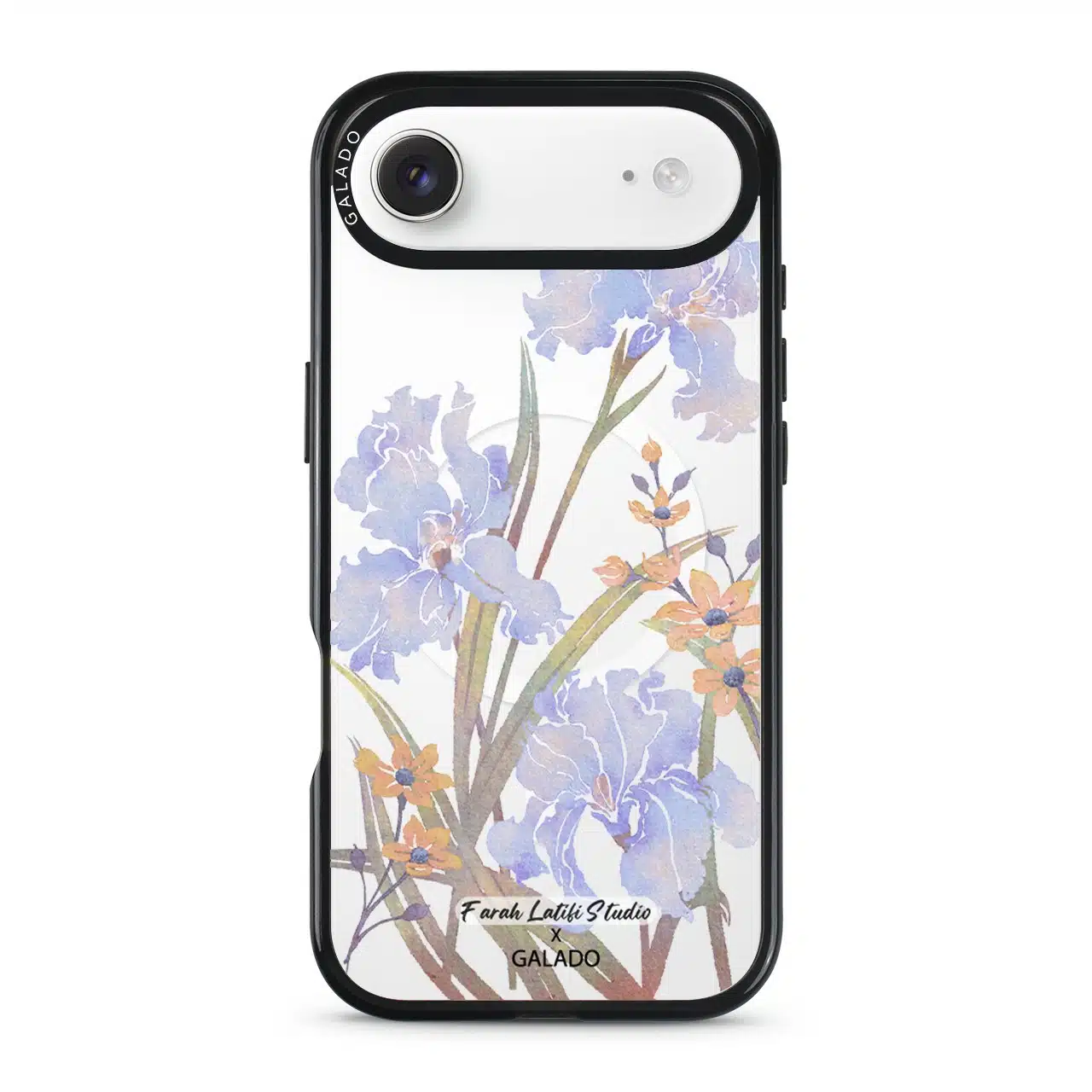 Iris phone case by Farah Latifi Studio, lilac irises and small orange flowers on a clear case