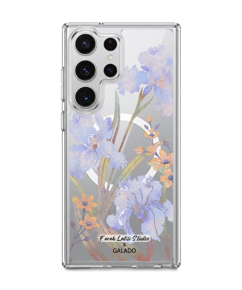 Iris phone case by Farah Latifi Studio, lilac irises and small orange flowers on a clear case