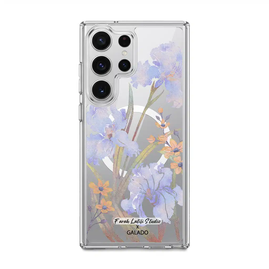 Iris phone case by Farah Latifi Studio, lilac irises and small orange flowers on a clear case