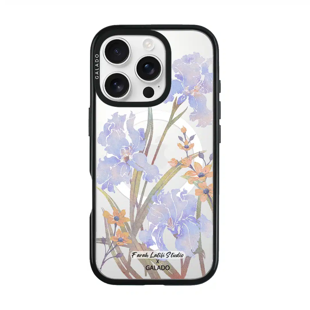 Iris phone case by Farah Latifi Studio, lilac irises and small orange flowers on a clear case