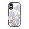 Iris phone case by Farah Latifi Studio, lilac irises and small orange flowers on a clear case