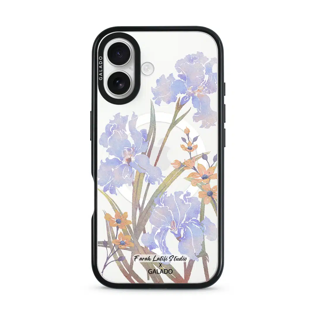 Iris phone case by Farah Latifi Studio, lilac irises and small orange flowers on a clear case