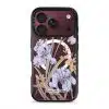 Iris phone case by Farah Latifi Studio, lilac irises and small orange flowers on a clear case