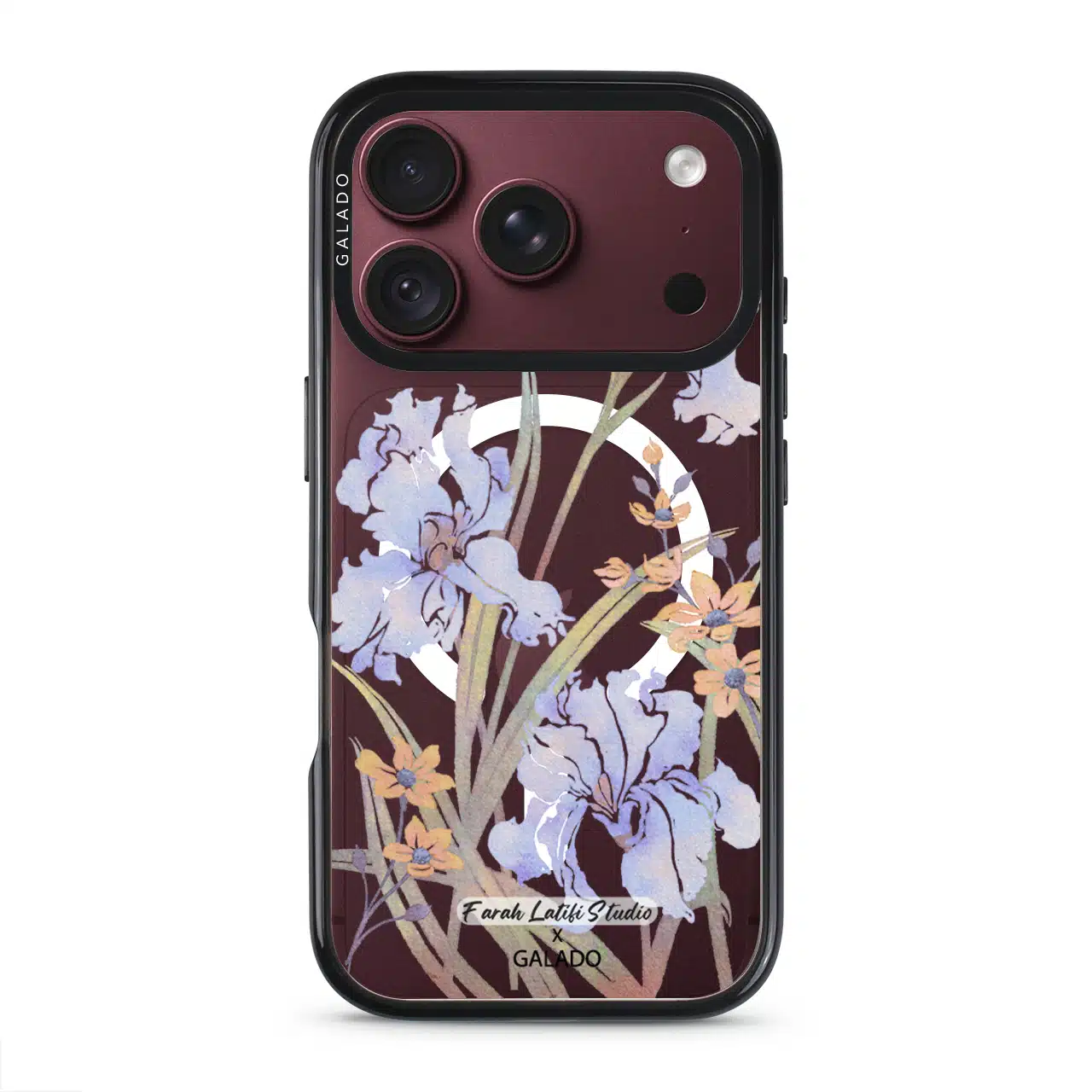 Iris phone case by Farah Latifi Studio, lilac irises and small orange flowers on a clear case