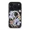 Iris phone case by Farah Latifi Studio, lilac irises and small orange flowers on a clear case