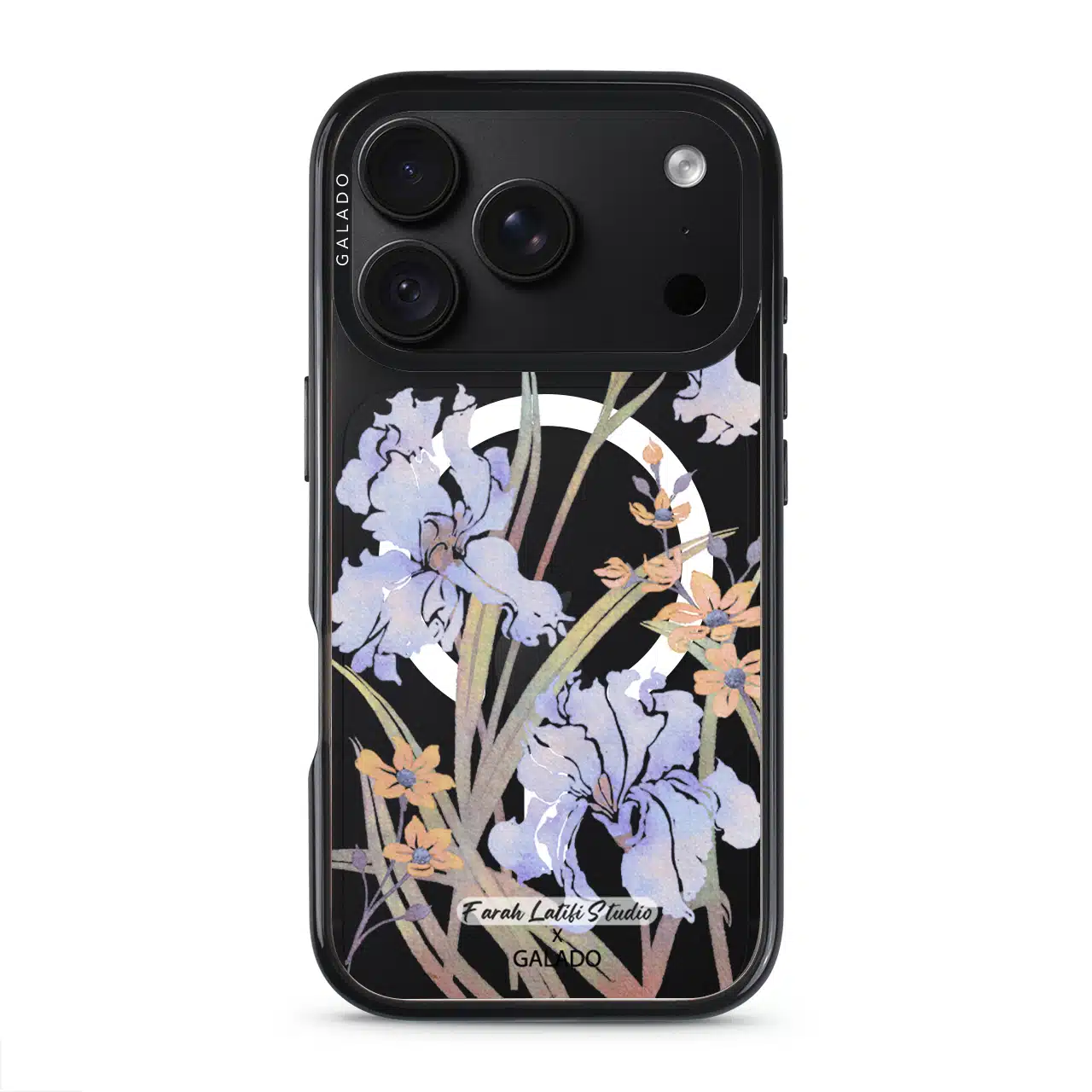 Iris phone case by Farah Latifi Studio, lilac irises and small orange flowers on a clear case