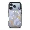 Iris phone case by Farah Latifi Studio, lilac irises and small orange flowers on a clear case