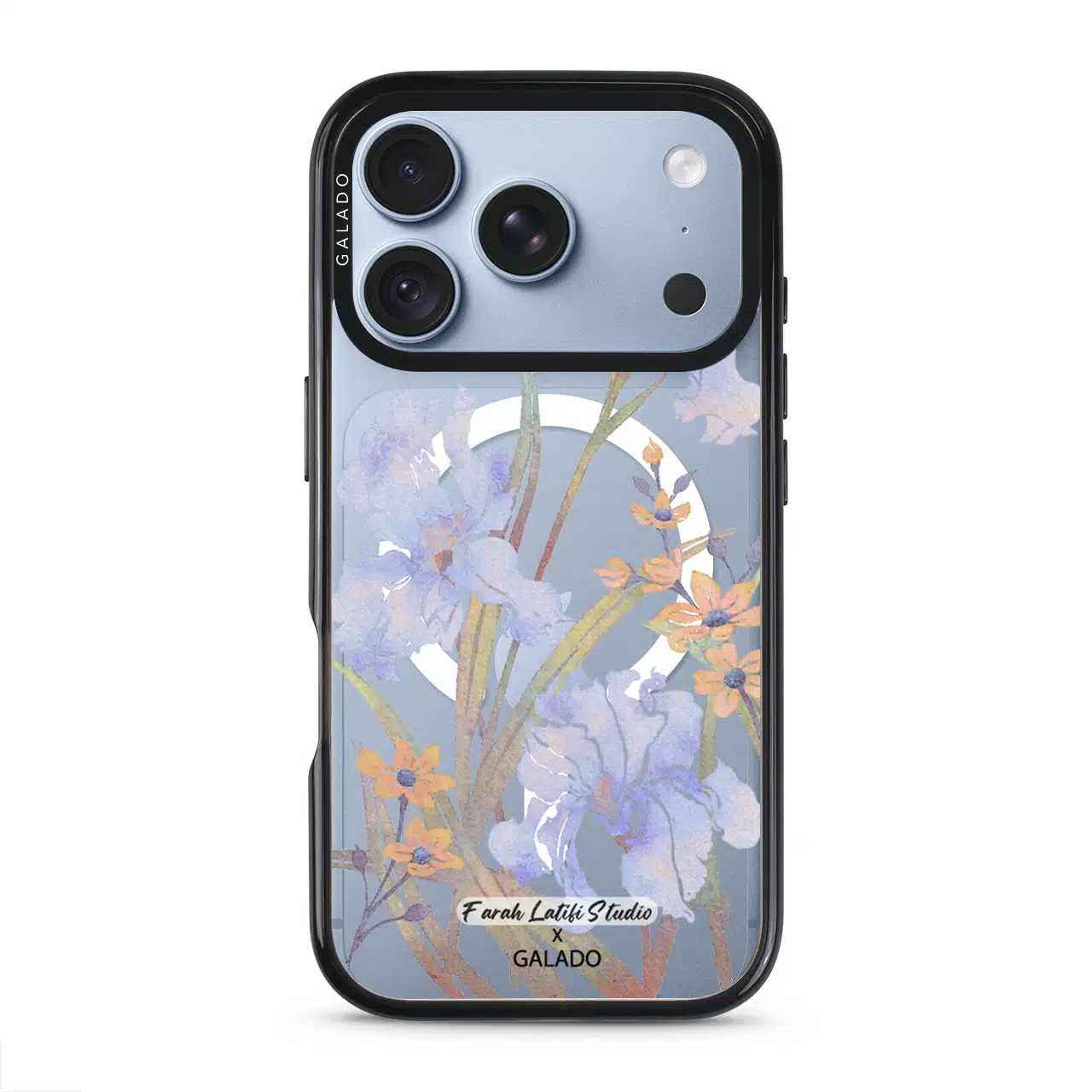 Iris phone case by Farah Latifi Studio, lilac irises and small orange flowers on a clear case