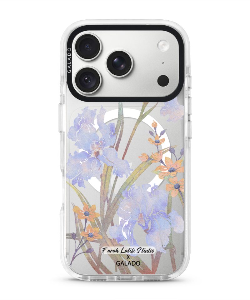 Iris phone case by Farah Latifi Studio, lilac irises and small orange flowers on a clear case