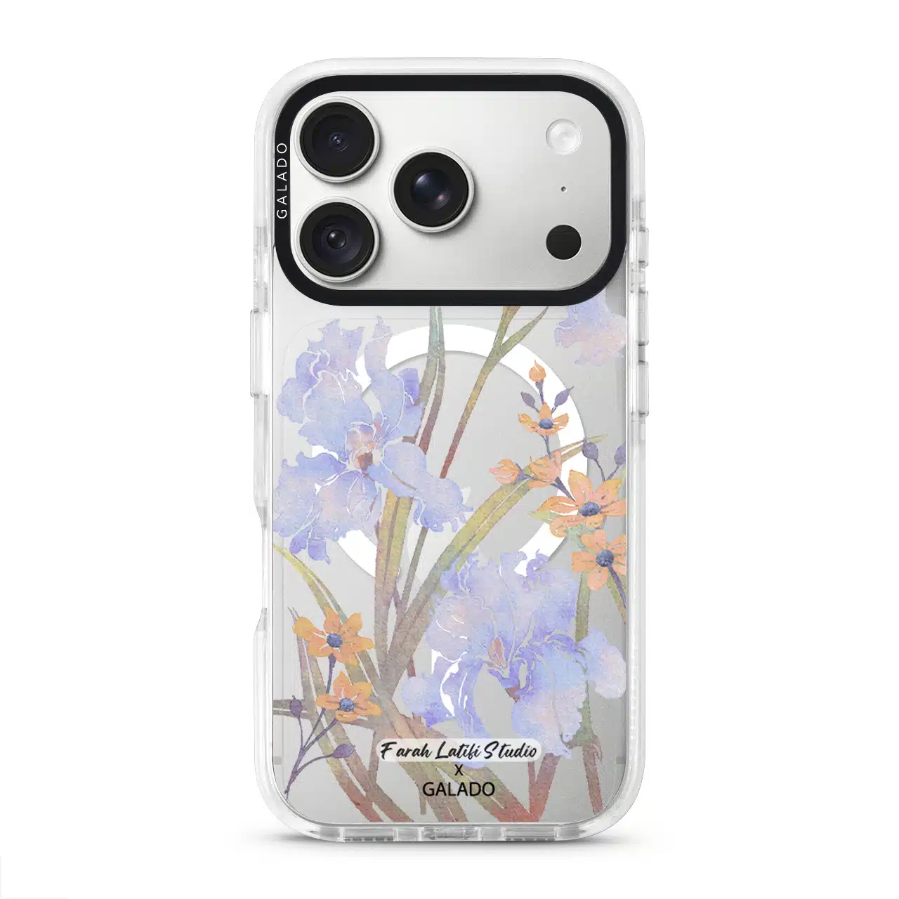 Iris phone case by Farah Latifi Studio, lilac irises and small orange flowers on a clear case