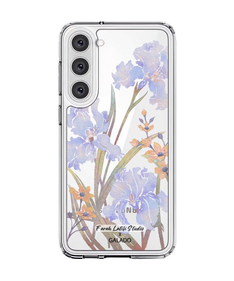 Iris phone case by Farah Latifi Studio, lilac irises and small orange flowers on a clear case