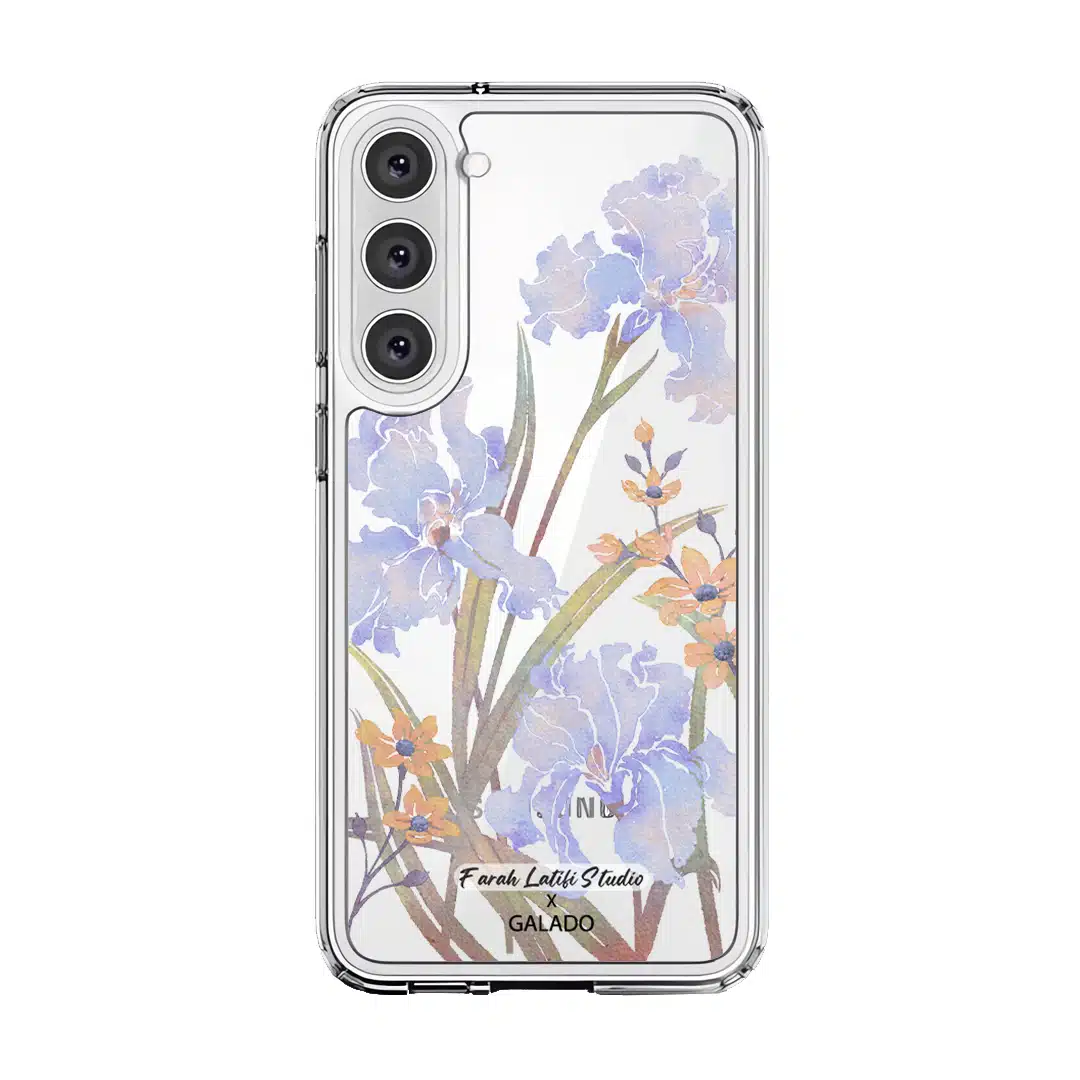 Iris phone case by Farah Latifi Studio, lilac irises and small orange flowers on a clear case