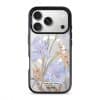 Iris phone case by Farah Latifi Studio, lilac irises and small orange flowers on a clear case