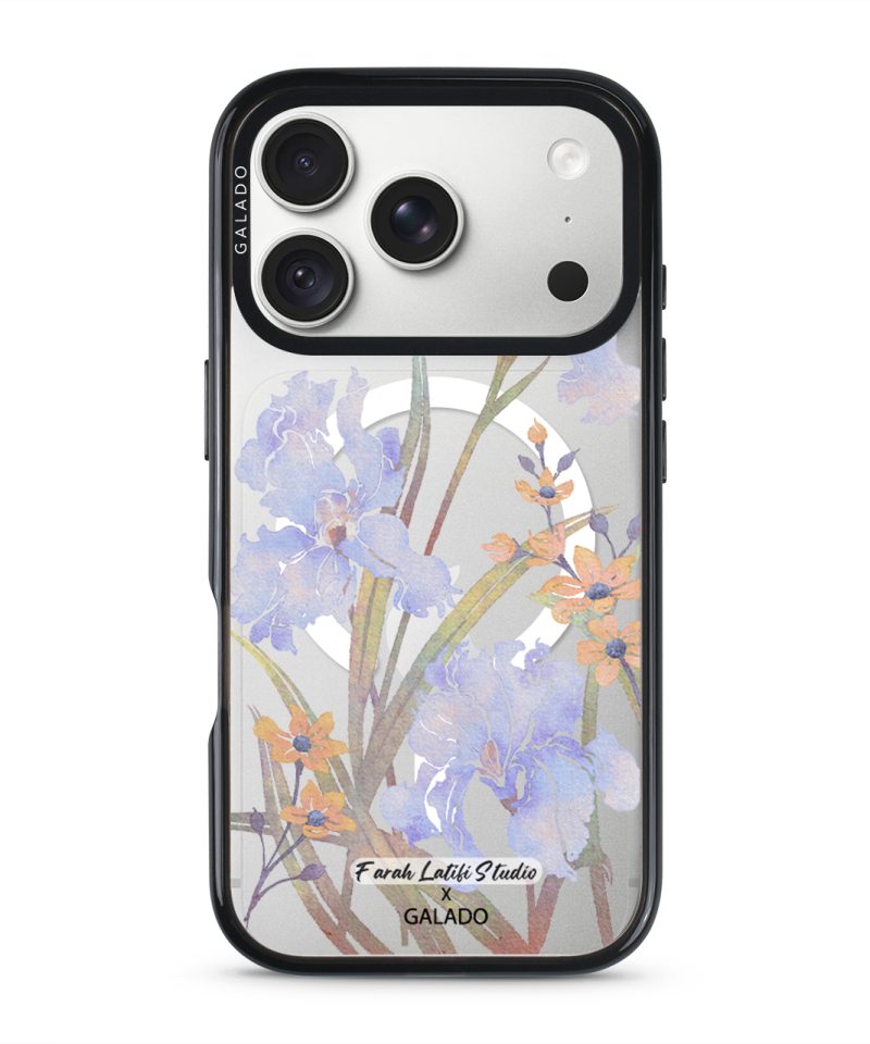 Iris phone case by Farah Latifi Studio, lilac irises and small orange flowers on a clear case