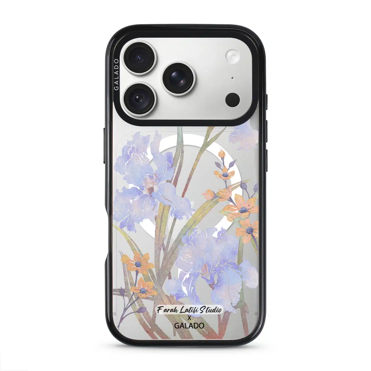Iris phone case by Farah Latifi Studio, lilac irises and small orange flowers on a clear case