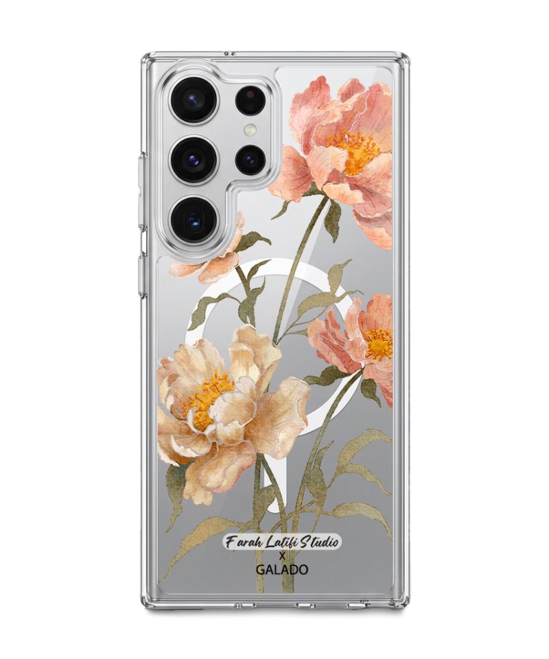 Peony phone case by Farah Latifi Studio, peach and coral peonies on a clear case