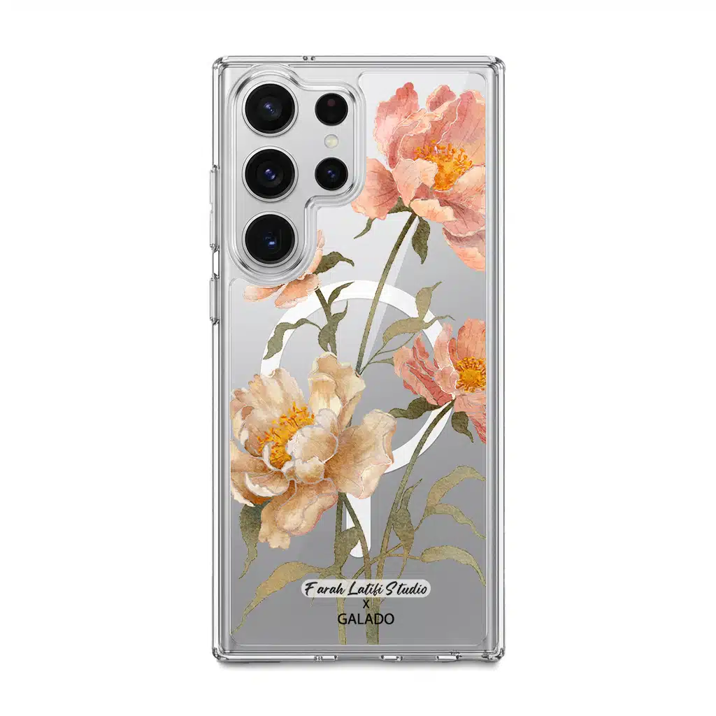 Peony phone case by Farah Latifi Studio, peach and coral peonies on a clear case