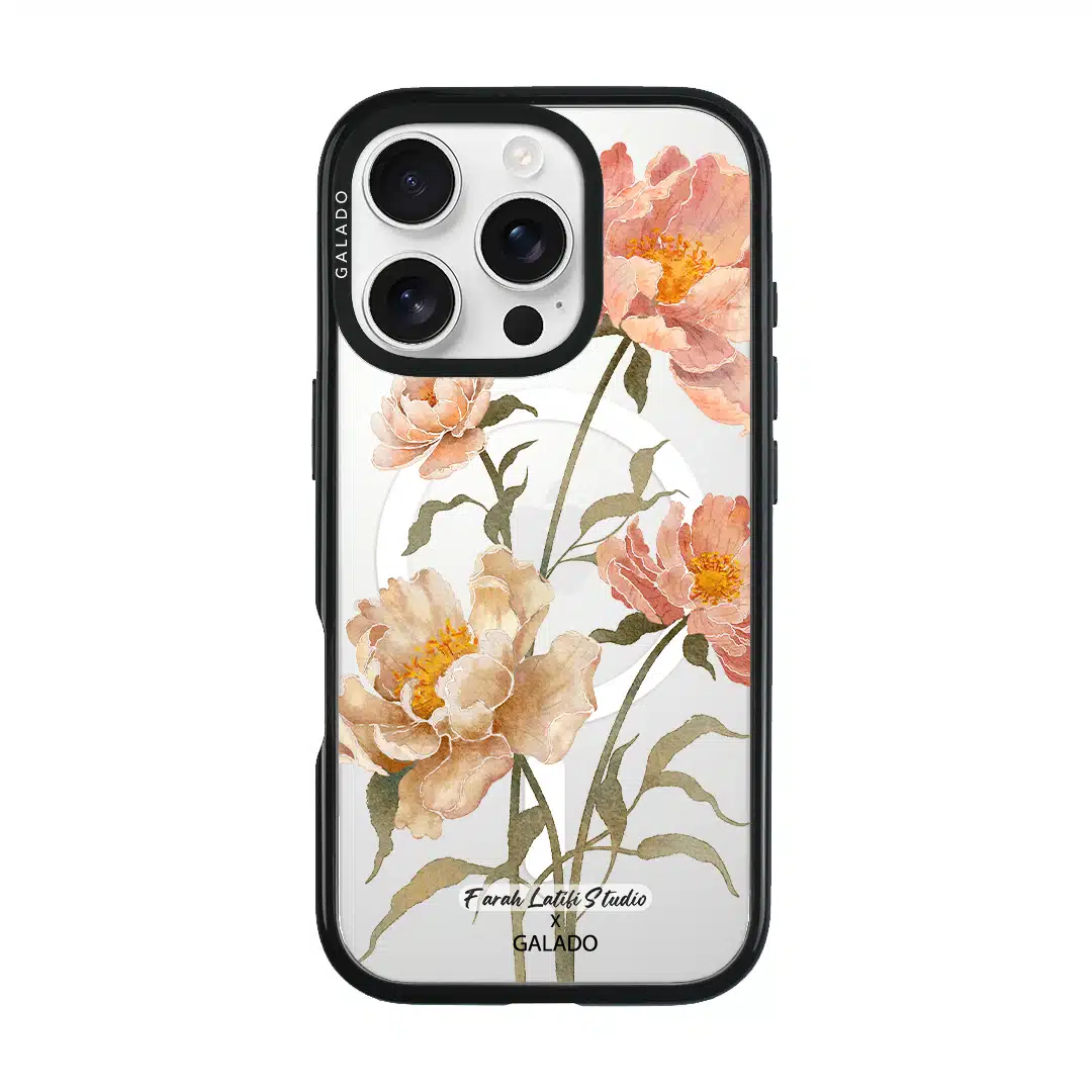 Peony phone case by Farah Latifi Studio, peach and coral peonies on a clear case