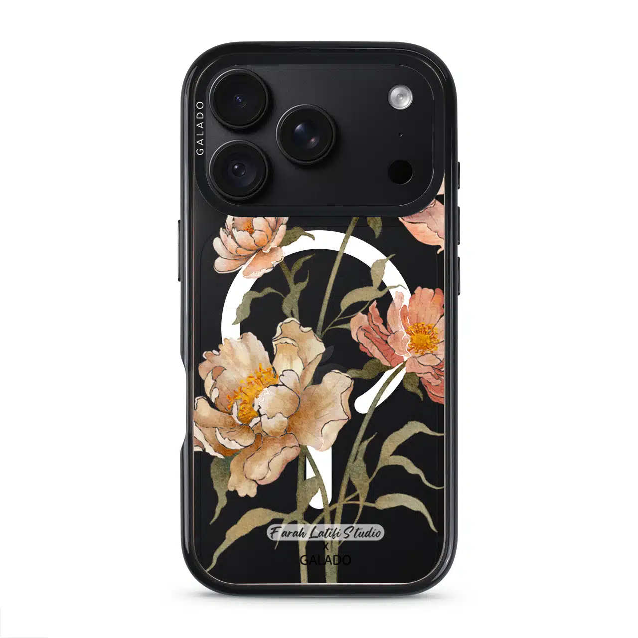 Peony phone case by Farah Latifi Studio, peach and coral peonies on a clear case