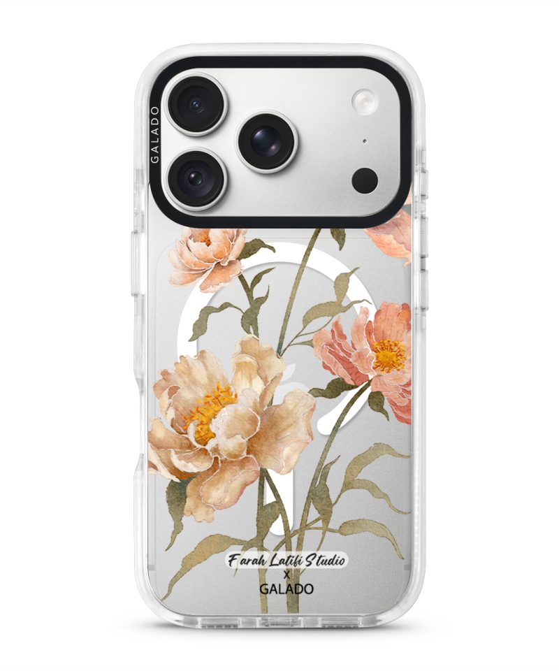 Peony phone case by Farah Latifi Studio, peach and coral peonies on a clear case